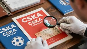 Коллекционер в белых перчатках изучает редкие билеты и программы ЦСКА для оценки ценности